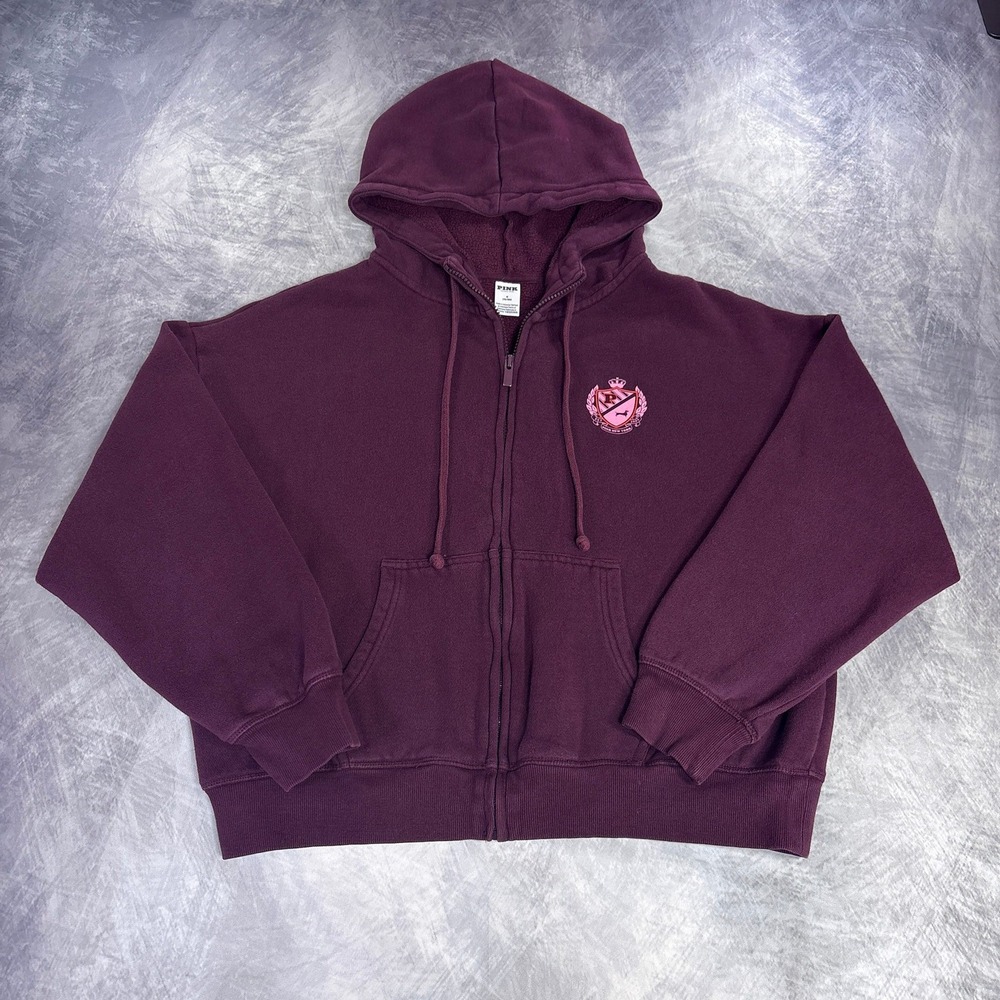 PINK Victorias Secret Hoodie Womens M Burgundy Cropped Full Zip Crest Dog Logo